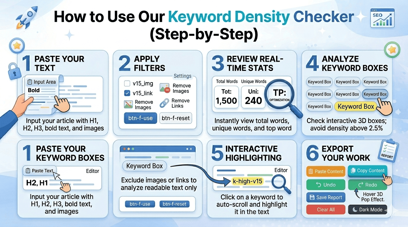 Ek infographic jo 'Keyword Density Checker' tool ko step-by-step use karne ka tariqa sikhata hai. Ismein six numbered steps hain: 1. PASTE YOUR TEXT, 2. APPLY SMART FILTERS, 3. REVIEW REAL-TIME STATS, 4. ANALYZE 3D KEYWORD BOXES, 5. INTERACTIVE HIGHLIGHTING aur 6. EXPORT YOUR WORK. Har step ke liye illustrative icons hain, jaise text editor, filter options, magnifying glass ke saath stats cards, aur colorful buttons. Background light blue gradient hai jisme professional SEO aur writing icons hain.