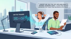 Our Text Reader tool converting written text into natural-sounding audio for hands-free reading.
Caption Experience hands-free reading with our professional online text reader.